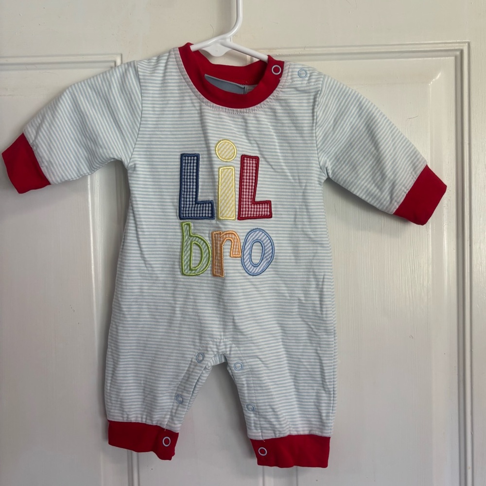 NB 3 sisters LIL BRO Light blue stripe long sleeve romper with Lil Bro appliqué